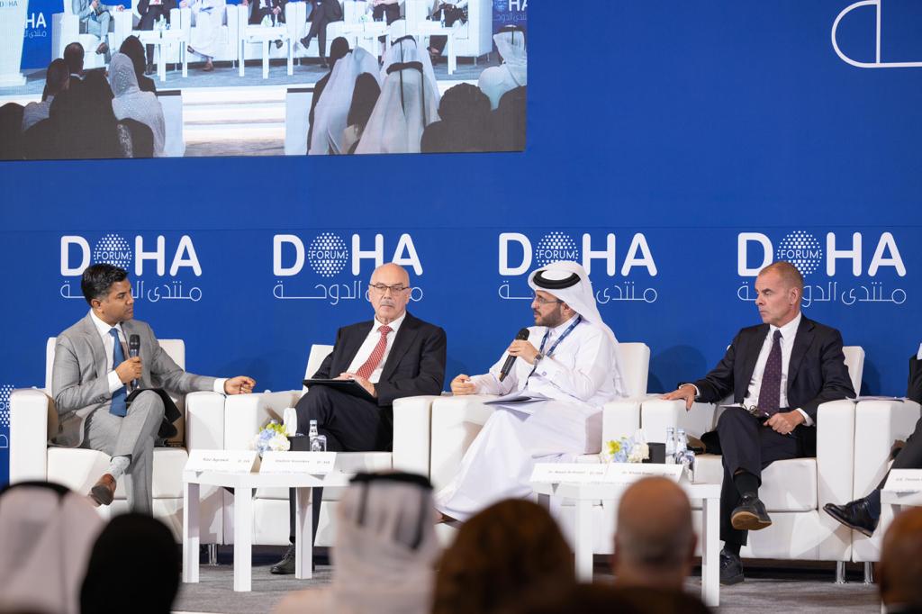 Official Spokesperson for the Ministry of Foreign Affairs Dr. Majed bin Mohammed Al Ansari (second right) and other panellists at a session during Doha Forum 2023 yesterday.