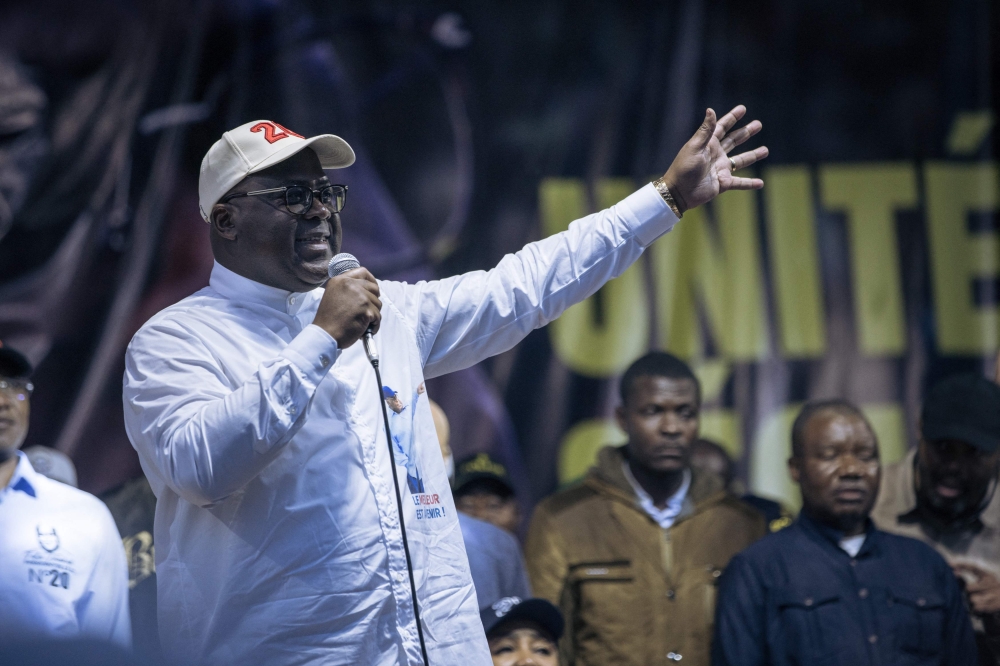 (FILES) Incumbent president President Felix Tshisekedi delivers a speech during his campaign rally in Goma, capital of North Kivu province, eastern Democratic Republic of Congo, on December 10, 2023. (Photo by ALEXIS HUGUET / AFP)

