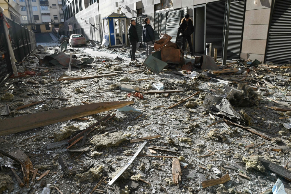 Aftermath of an overnight shelling in Donetsk, Russian-controlled Ukraine, amid the Russia-Ukraine conflict on January 1, 2024. (Photo by STRINGER / AFP)