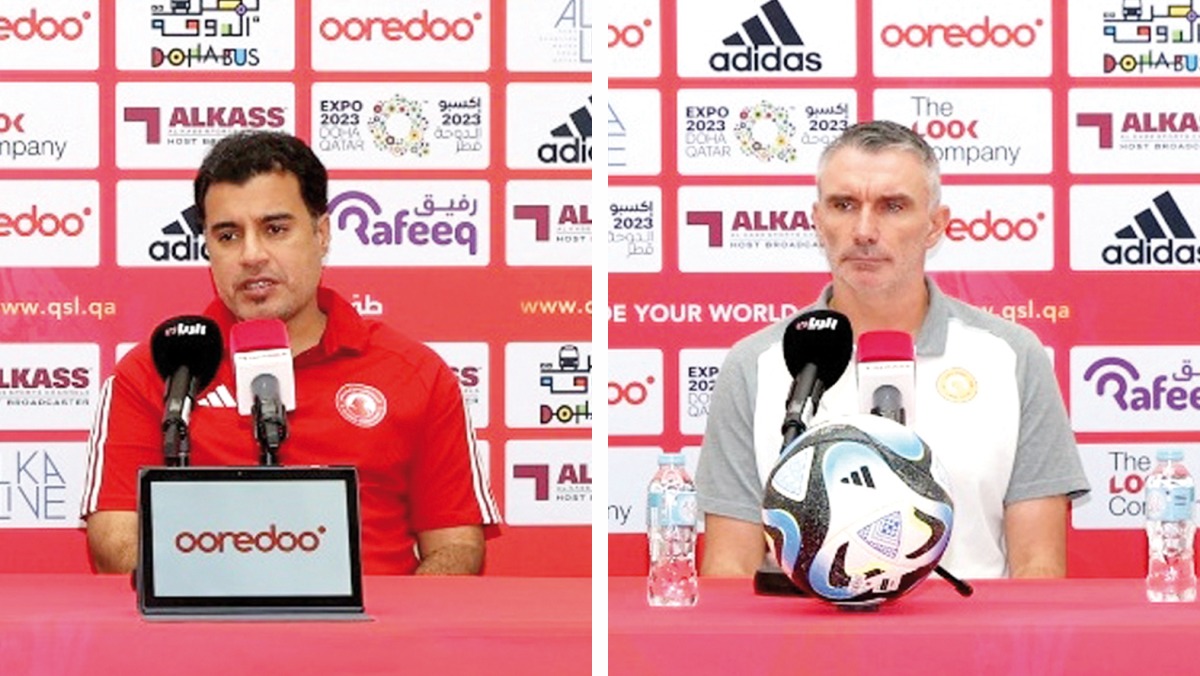 Al Arabi coach Younes Ali (left) and Umm Salal coach Patrice Carteron.