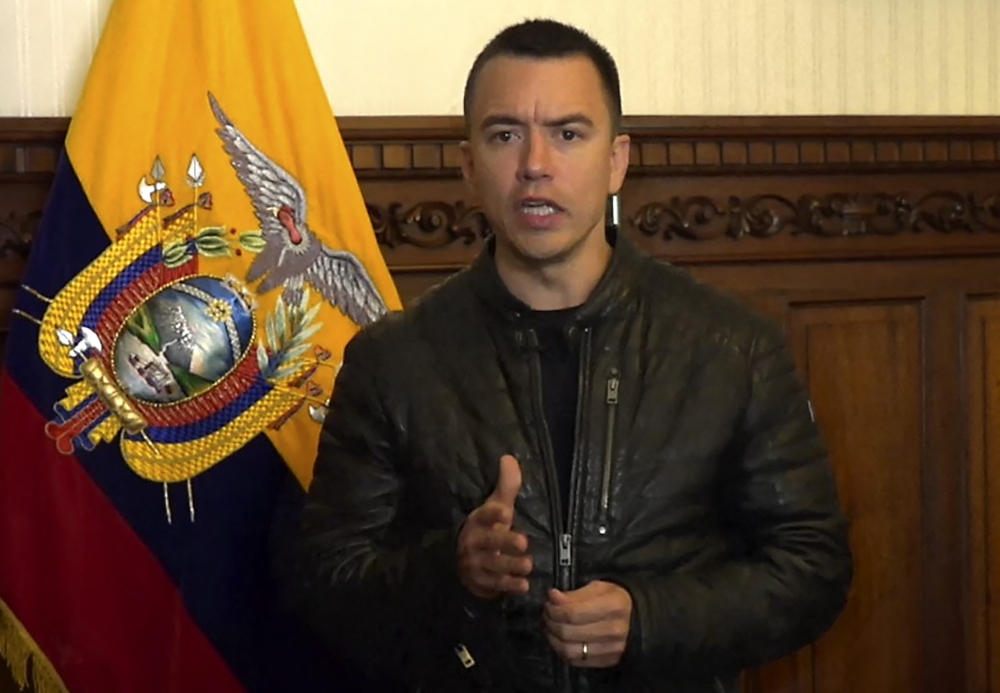 Grab from a handout video released by Ecuador's presidency press office showing Ecuador's President Daniel Noboa announcing a state of emergency for the entire country on January 8, 2024. (Photo by Handout / Presidencia Ecuador / AFP) 