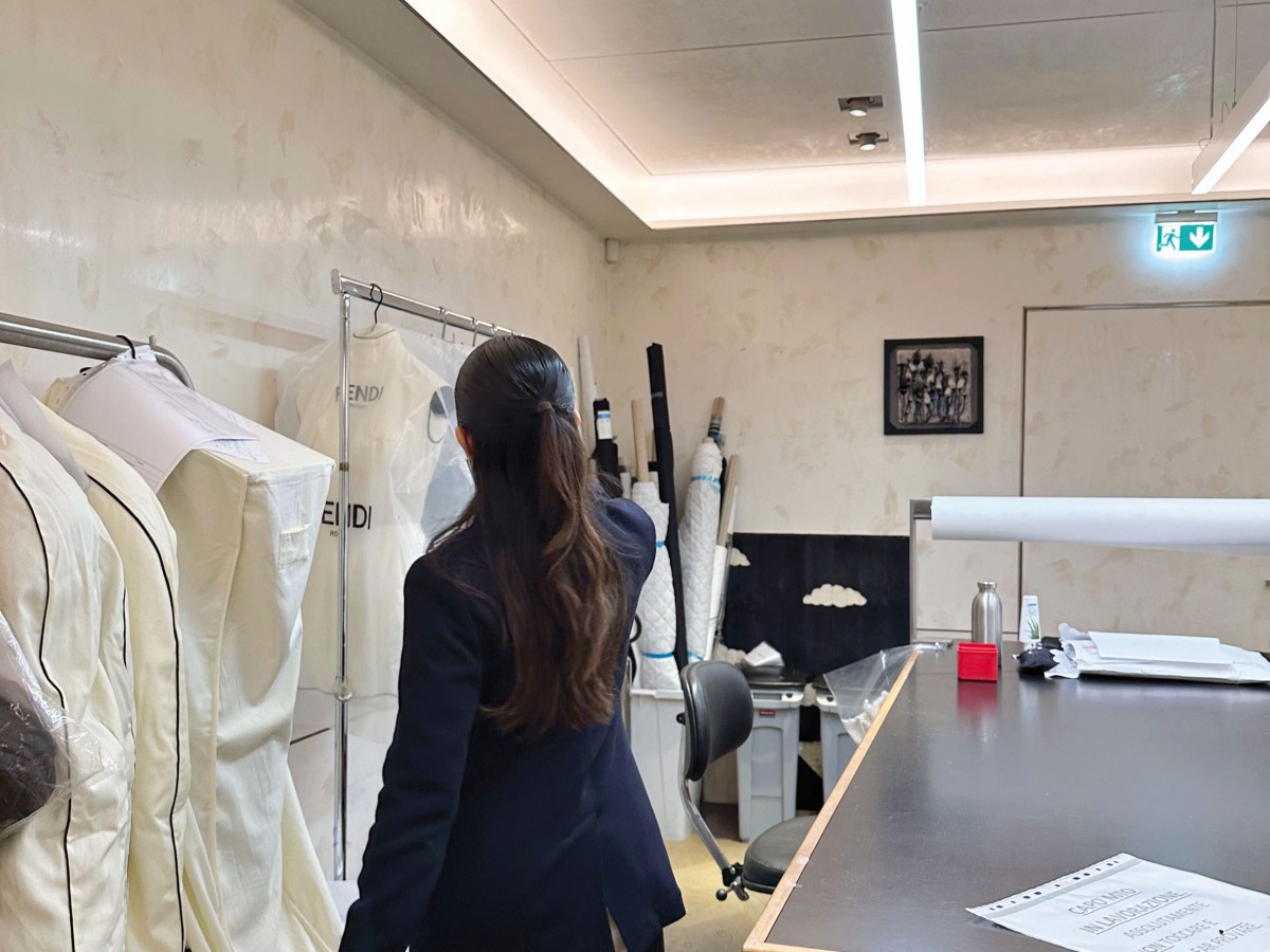 A VCUarts Qatar’s Fashion Design studnet during the learning trip  to the headquarters of Fendi and Valentino in Rome. 

