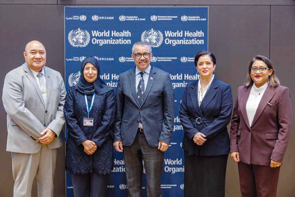 Minister of Public Health and President of the WHO Executive Board H E Dr. Hanan Mohammed Al Kuwari (second left) with other officials at the event.
