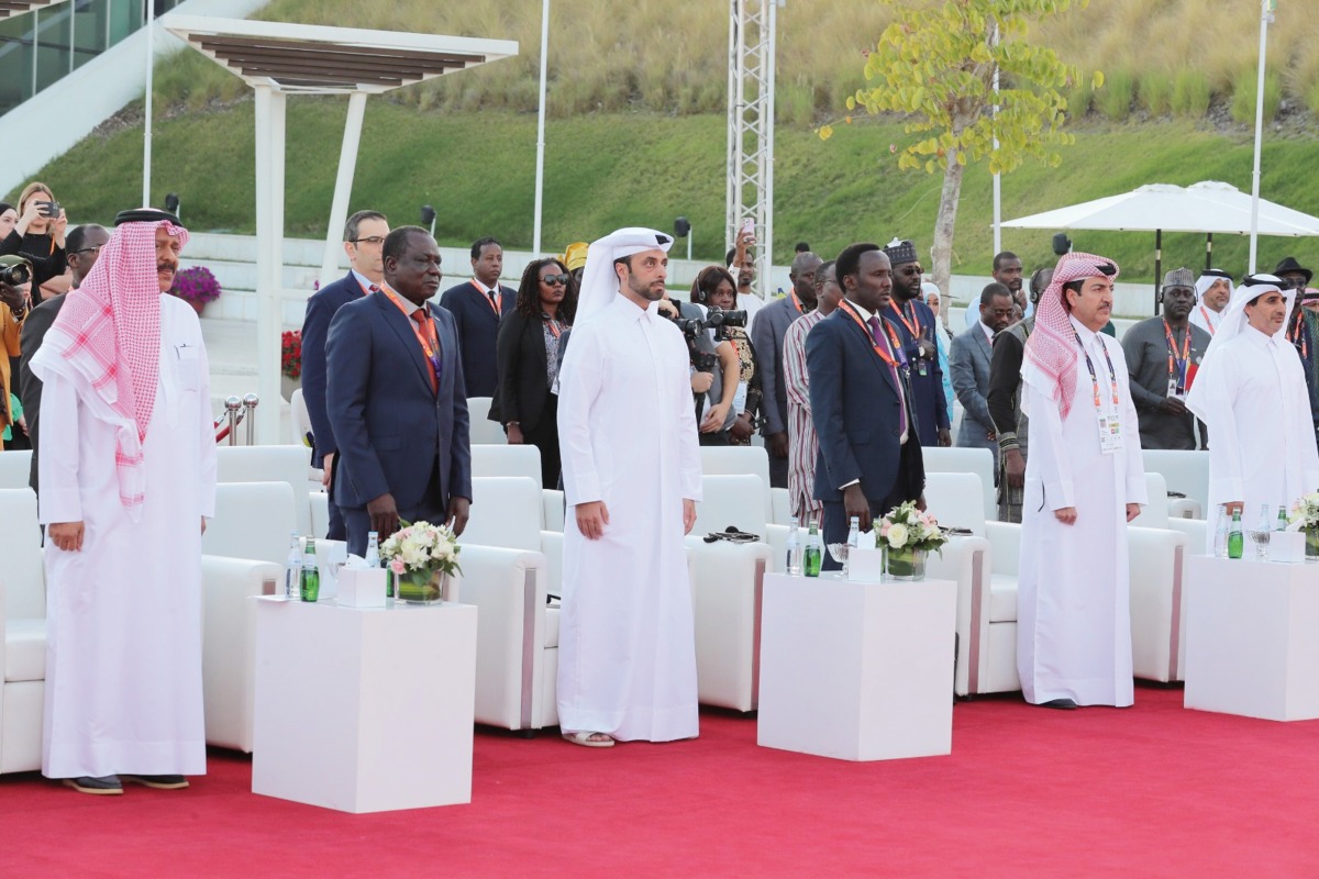 Minister of Municipality and Chairman of the Organising Committee of Horticultural Expo Doha 2023 H E Abdullah bin Hamad bin Abdullah Al Attiyah and Minister of Production and Agricultural Transformation of the Republic of Chad H E Keda Ballah along with other dignitaries during the celebrations.