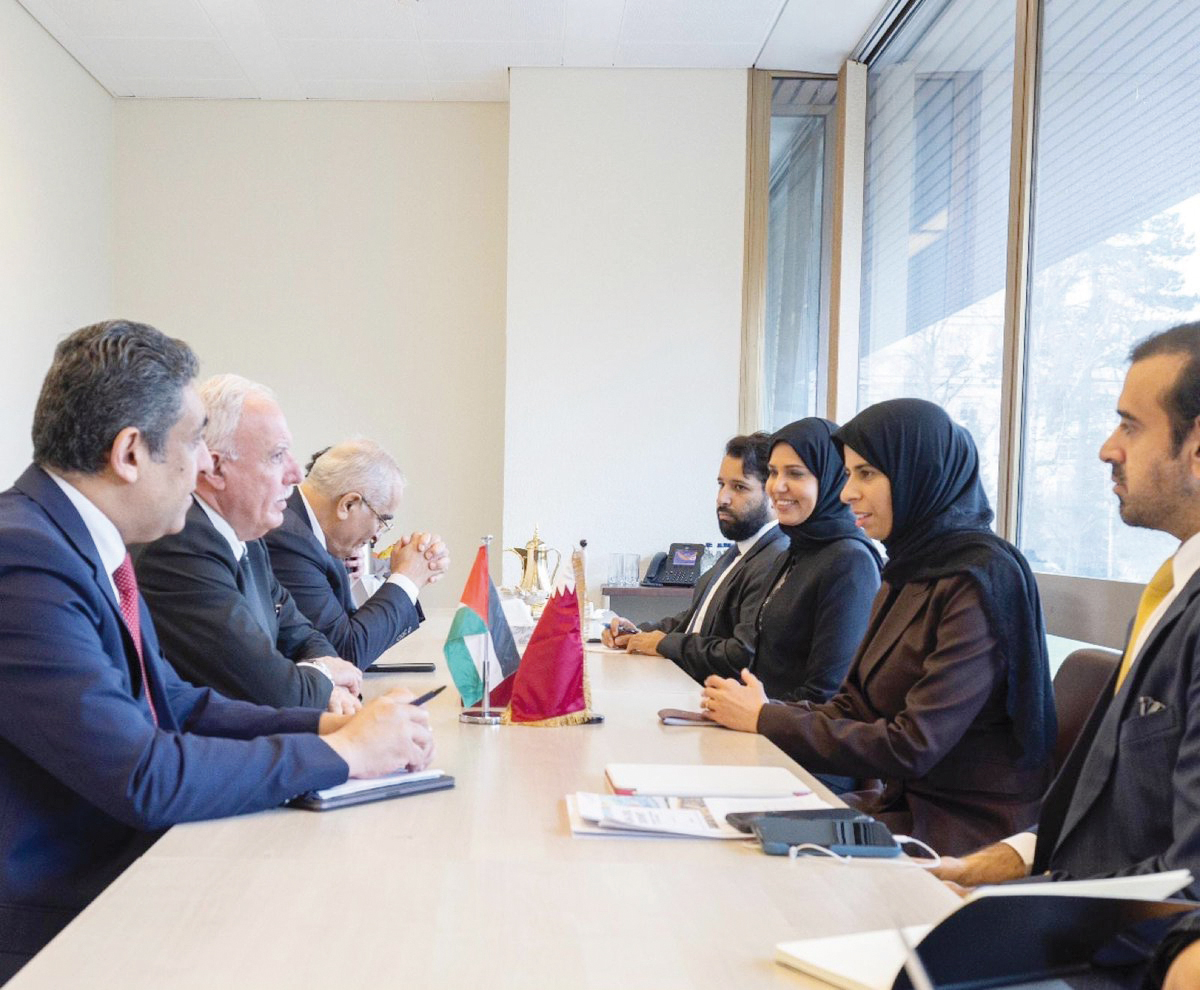 Minister of State for International Cooperation at the Ministry of Foreign Affairs H E Lolwah bint Rashid Al Khater (second right) with Palestine's Minister of Foreign Affairs and Expatriates H E Riad al Maliki (second left) and other officials during the meeting. 