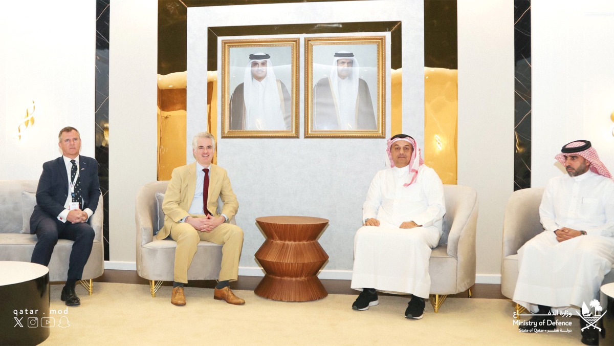 Deputy Prime Minister and Minister of State for Defense Affairs H E Dr. Khalid bin Mohammed Al Attiyah meeting UK's Minister for Defense Procurement H E James Cartlidge and Chief of the General Staff H E General Sir Patrick Sanders. 