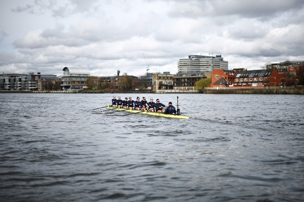 Members of the Oxford rowing team practise in the Thames ahead of The Gemini Boat Race against Cambridge rowing team, in London, on March 27, 2024. The Gemini boat race will take place on March 30, 2024. (Photo by Henry Nicholls / AFP)