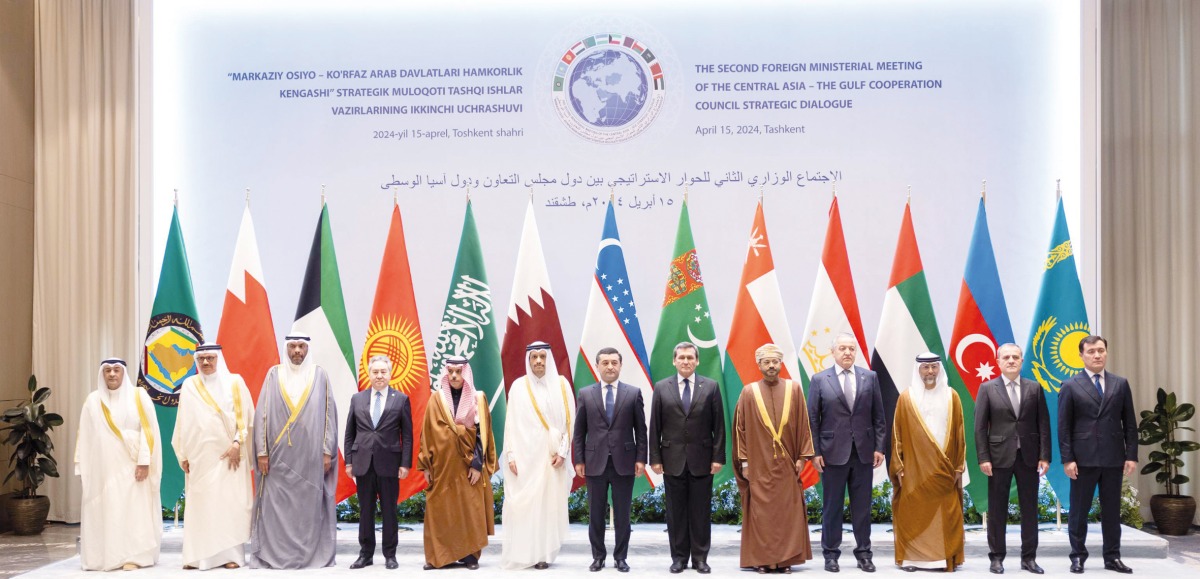 Prime Minister and Minister of Foreign Affairs H E Sheikh Mohammed bin Abdulrahman bin Jassim Al Thani with Their Highnesses and Excellencies foreign ministers of the GCC countries and Central Asian states in Tashkent yesterday. 