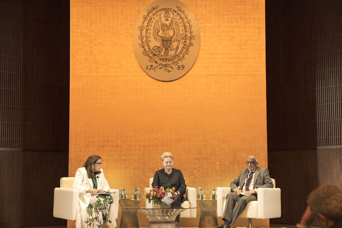 Former President of Lithuania, Dalia Grybauskaitė (center), with Ambassador of South Africa to Qatar, H E Ghulam Hoosein Asmal (right), speaking in a session on why gender still matters in foreign policy.