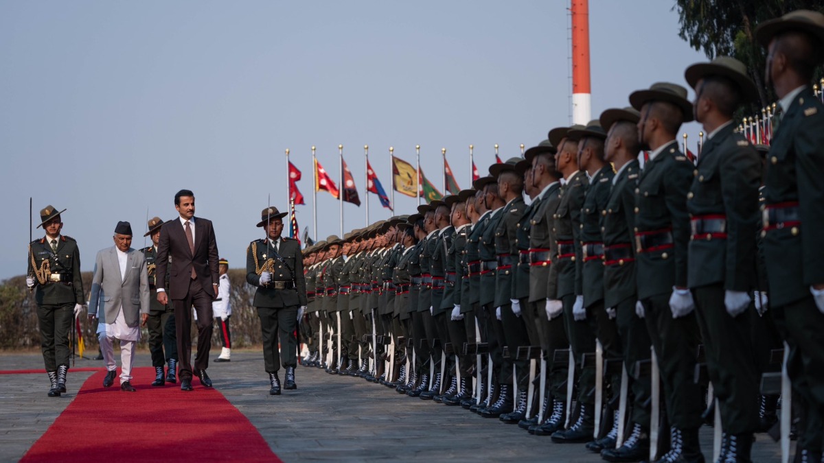 H H the Amir inspects a guard of honour during the reception ceremony on Tuesday, April 23, 2024.