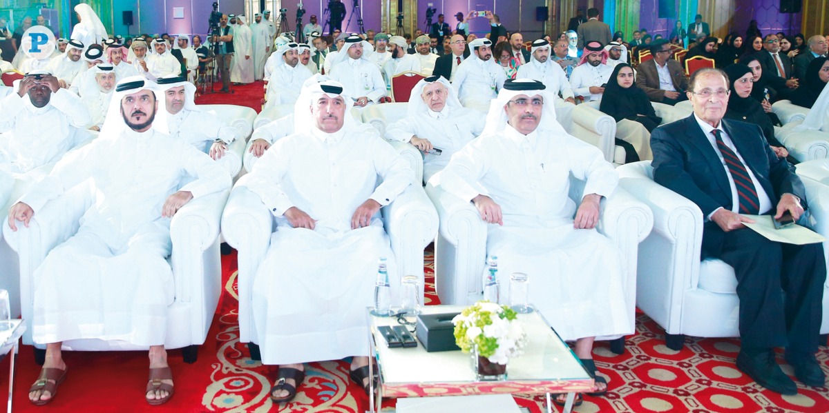 President of Kahramaa Eng. Essa bin Hilal Al Kuwari (second right), Chairperson of Board of Directors WSTA Eng. Abdelrahaman Mohamed Almahmoud (left), and President, AWC Dr. Mahmoud Abu-Zeid (right) with other officials at the opening of the 15th Gulf Water Conference in Doha yesterday. Pic: Rajan Vadakkemuriyil / The Peninsula