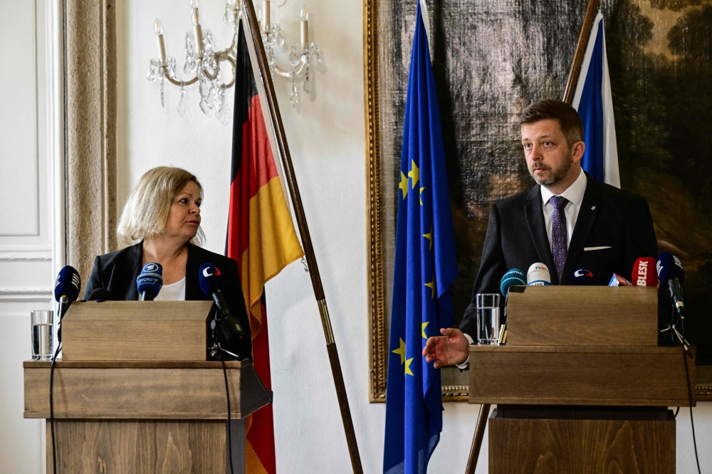 Czech Republic Interior Minister Vit Rakusan (R) and his German counterpart Nancy Faeser give a joint press conference at the German embassy in Prague, Czech Republic, on May 3, 2024. Photo by Michal Cizek / AFP.