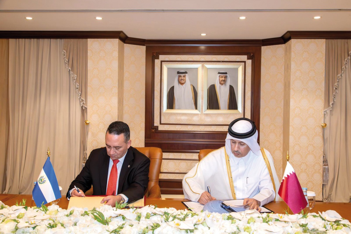 Attorney-General H E Dr. Issa bin Saad Al Jafali Al Nuaimi (right) and Attorney-General of El Salvador, H E Rodolfo Delgado, signing the MoU in Doha.
