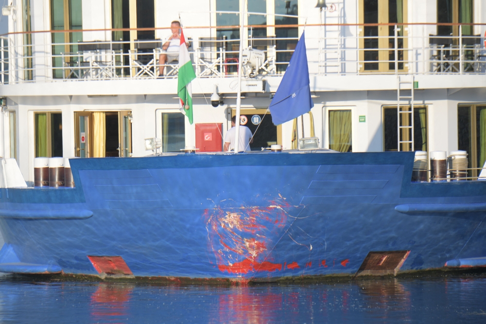 Damage can be seen on the nose of the Swiss hotel ship Heidelberg, which was involved in an accident on the night before on the river Danube in Komarom, Hungary on May 19, 2024. Photo by Ferenc ISZA / AFP