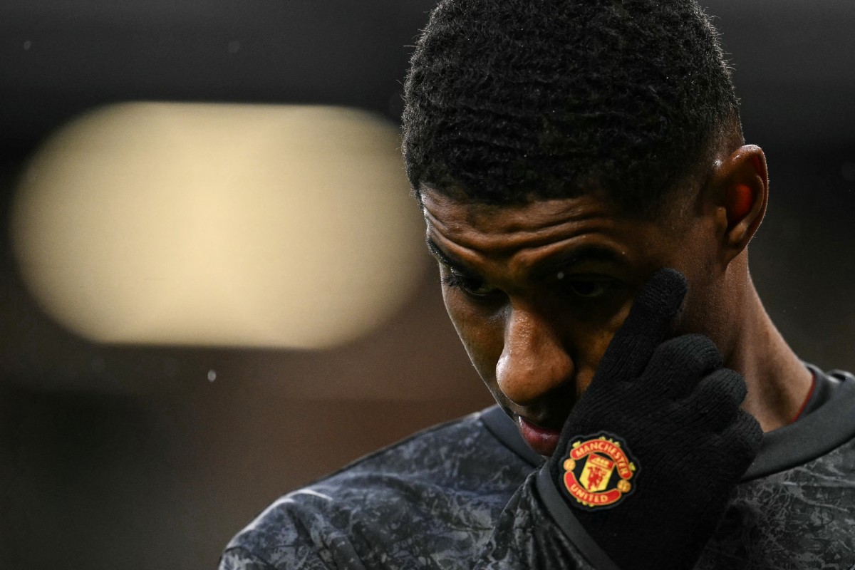 Manchester United's English striker #10 Marcus Rashford reacts during the warm up prior to the English Premier League football match between Manchester United and Newcastle United at Old Trafford in Manchester, north west England, on May 15, 2024. (Photo by Oli SCARFF / AFP)