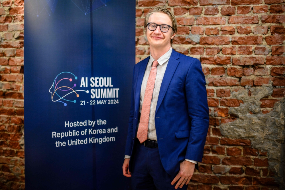 Markus Anderljung, Head of Policy at the Centre for the Governance of AI (GovAI), poses at the Korea Institute of Science and Technology (KIST), during the AI Seoul Summit, in Seoul on May 22, 2024. (Photo by ANTHONY WALLACE / AFP)