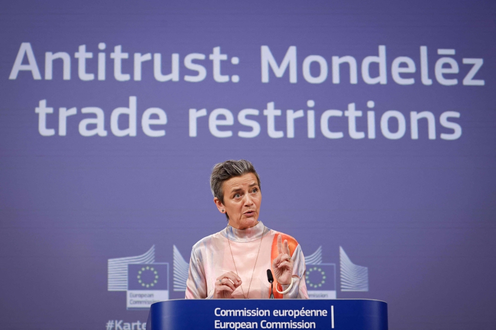 European Commission vice-president Margrethe Vestager addresses a press conference on an antitrust case at the EU headquarters in Brussels, on May 23, 2024. Photo by Kenzo TRIBOUILLARD / AFP