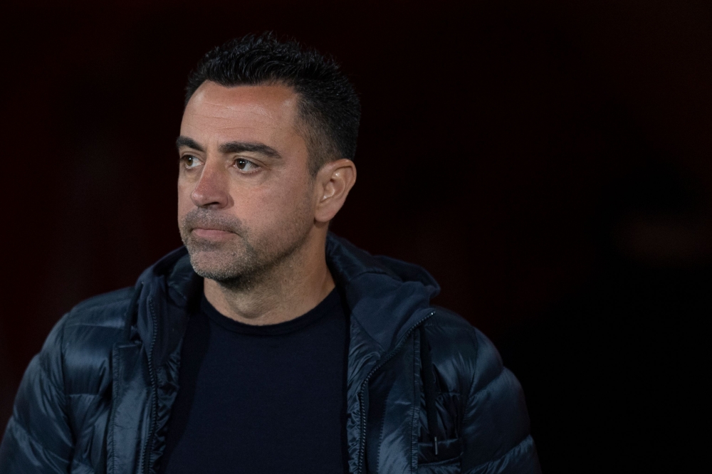 Barcelona's Spanish coach Xavi is pictured during the Spanish league football match between UD Almeria and FC Barcelona at the Municipal Stadium of the Mediterranean Games in Almeria on May 16, 2024. Photo by JORGE GUERRERO / AFP
