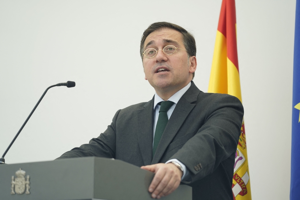 Spanish Minister for Foreign Affairs, European Union and Cooperation, Jose Manuel Albares speaks during a meeting with Palestinian Prime Minister at the Permanent Representation of Spain to the European Union in Brussels, on May 26, 2024. Photo by Simon Wohlfahrt / AFP.