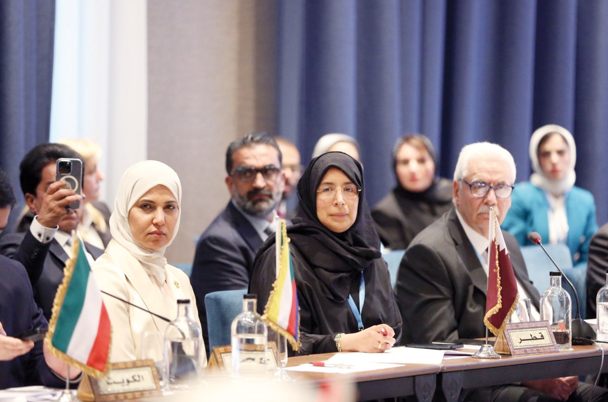 Minister of Public Health, H E  Dr. Hanan Mohamed Al Kuwari (centre) participating in the Council of Arab Health Ministers meeting, in Geneva, Switzerland.
