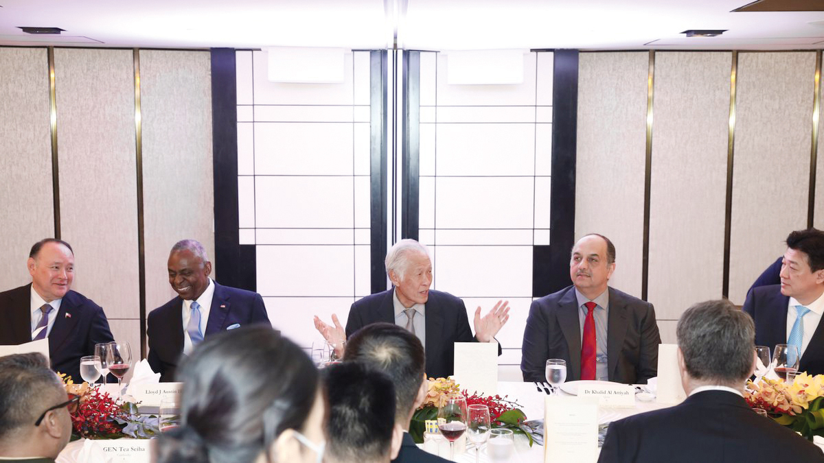 Deputy Prime Minister and Minister of State for Defence Affairs H E Dr. Khalid bin Mohamed Al Attiyah participates in the roundtable of Their Excellencies the Ministers at the 21st Shangri-La Dialogue in Singapore.