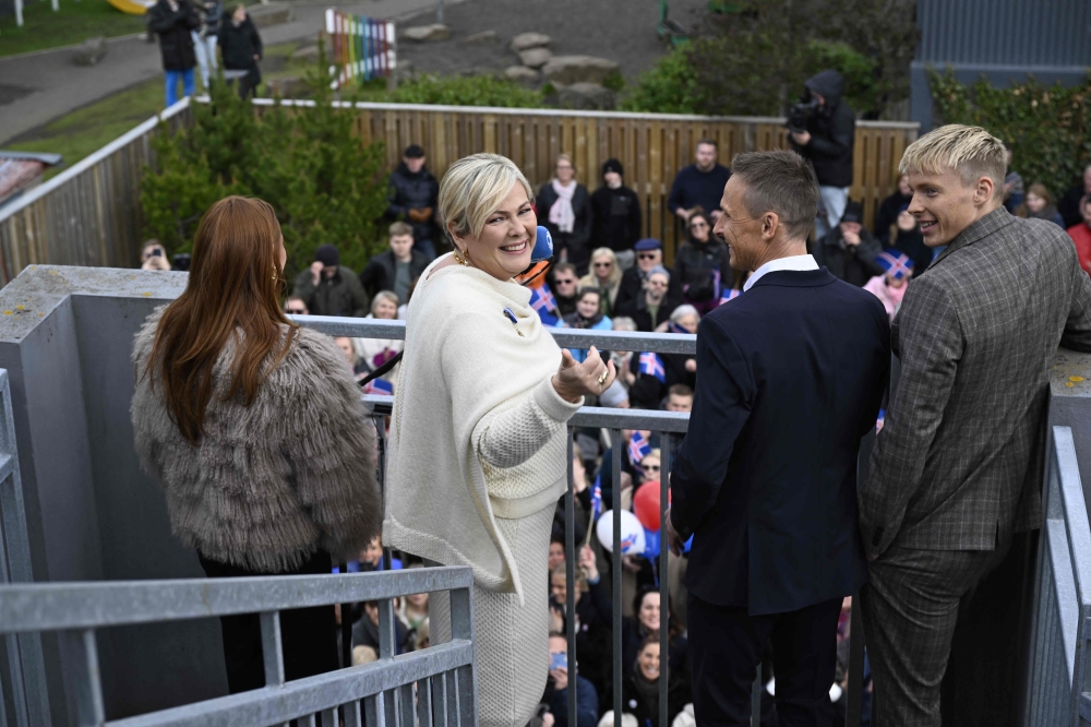 Iceland's President elect Halla Tomasdottir reacts after greeting well-wishers at her residence in Reykjavik on June 2, 2024. (Photo by Halldor Kolbeins / AFP)
