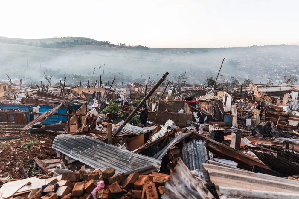 General view of destroyed houses in the aftermath of a tornado and extreme weather at an informal settlement in Tongaat, north of Durban on June 04, 2024. Photo by RAJESH JANTILAL / AFP