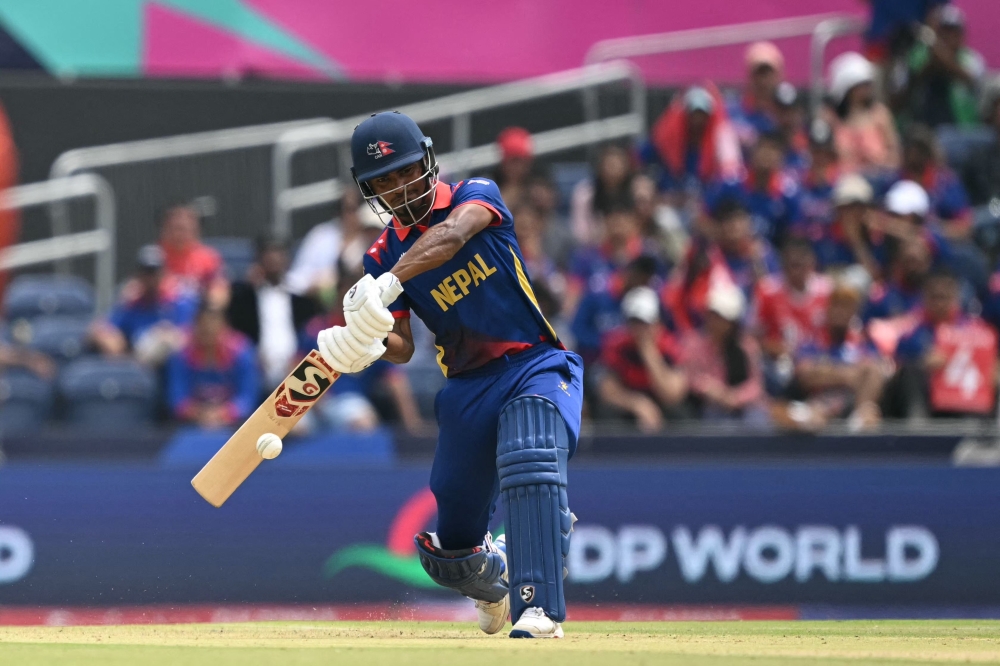Nepal Captain Rohit Paudel plays a shot during the Netherlands vs Nepal match 7 group stage match in the ICC Men's T20 cricket World Cup at the Grand Prairie Cricket Stadium in Grand Prairie, Texas on June 4, 2024 Photo by Andrew Caballero-Reynolds / AFP.