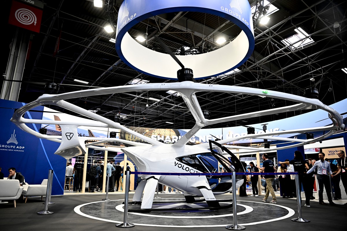 A VoloCity air taxi made by Volocopter is displayed during the Vivatech technology startups and innovation fair at the Porte de Versailles exhibition center in Paris on May 22, 2024. Photo by JULIEN DE ROSA / AFP.