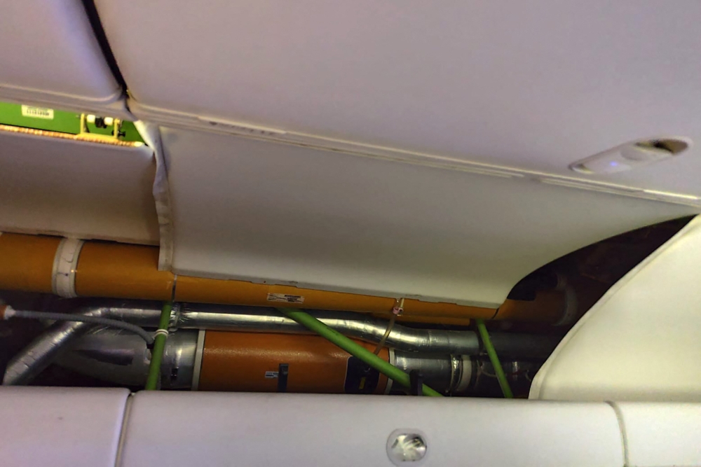 This UGC picture taken on July 1, 2024 and released as a courtesy by passenger Claudio Fernandez Arbes shows damages in an Air Europa Boeing 787-9 Dreamliner on July 1, 2024. (Photo by Claudio Fernandez Arbes / UGC / AFP)