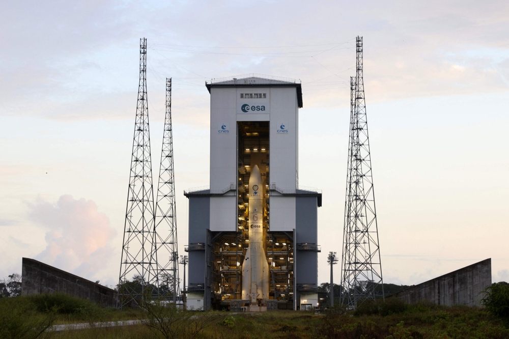 The European Space Agency (ESA) satellite launcher Ariane 6 rocket is seen prior to its maiden launch at the Guiana space center in Kourou, French Guiana, on July 9, 2024. (Photo by Jody Amiet / AFP)