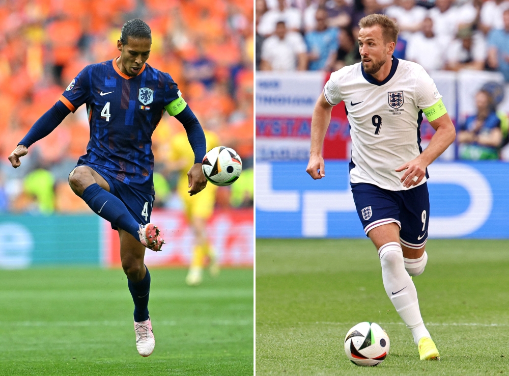 (COMBO) This combination of pictures created on July 7, 2024 shows Netherlands' defender #04 Virgil van Dijk (L) during the UEFA Euro 2024 round of 16 football match between Romania and the Netherlands at the Munich Football Arena in Munich on July 2, 2024; and England's forward #09 Harry Kane during the UEFA Euro 2024 quarter-final football match between England and Switzerland at the Duesseldorf Arena in Duesseldorf on July 6, 2024. (Photo by Miguel MEDINA and Kenzo TRIBOUILLARD / AFP)
