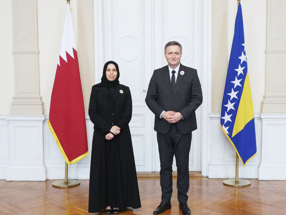 Chairman of the Presidency of Bosnia and Herzegovina H E Denis Becirovic with Minister of State for International Cooperation at the Ministry of Foreign Affairs H E Lolwah bint Rashid Al Khater during the meeting.