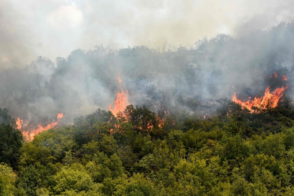 This photograph shows a general view of a forest fire, next to the Krivolak military training ground, near the town of Negotino, on July 17,2024, as several wildfires swept across North Macedonia, which had prompted the government to declare a crisis situation. (Photo by Robert ATANASOVSKI / AFP)
