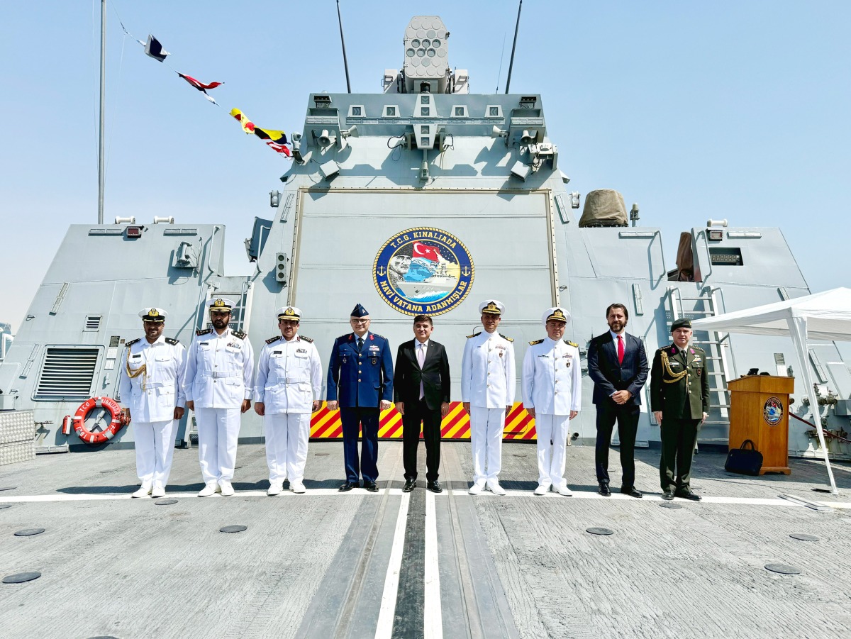 Ambassador of the Republic of Türkiye to Qatar H E Dr. M. Mustafa Goksu (centre) with senior officers of the TCG Kınalıada at the Doha Port yesterday.