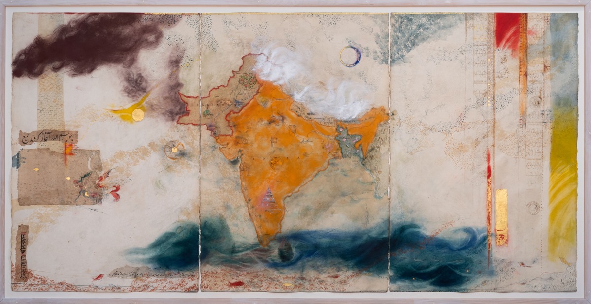 Salima Hashmi, Zones of Dreams (1996). Triptych: Acrylic, tea wash,gold leaf and collage on paper, 152 x 306 cm. Bradford Museums and Galleries, photograph Olivia Johnston. Courtesy of the Artist.