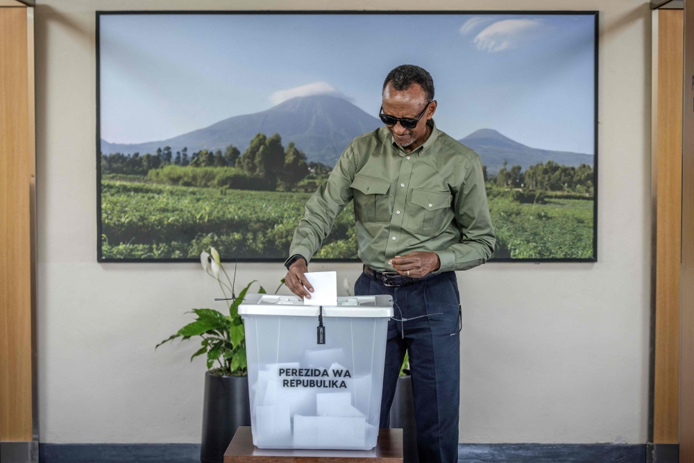 Incumbent President of Rwanda and Rwandan Patriotic Front (RPF) presidential candidate Paul Kagame casts his ballot at the SOS Kinyinya polling station in in Kigali, on July 15, 2024. (Photo by Luis Tato / AFP)