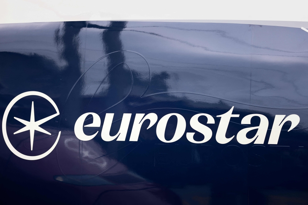 This picture shows the new logo of of high-speed train operator Eurostar on a Eurostar train at the the Bruxelles-Midi train station in Brussels, on January 24, 2023. Photo by Kenzo TRIBOUILLARD / AFP