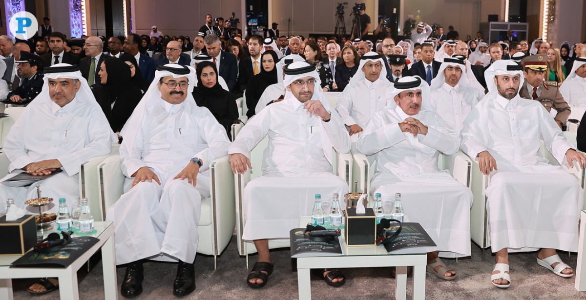Minister of Transport H E Jassim Saif Ahmed Al Sulaiti (second right), Minister of Justice and Minister of State for Cabinet Affairs H E Ibrahim bin Ali Al Mohannadi (third right), Minister of Municipality H E Abdullah bin Hamad bin Abdullah Al Attiyah (first right) and H E Dr. Mohammed bin Saleh Al Sada (second left) during the opening ceremony of Third National Human Rights Forum in Lusail yesterday. Pics: Rajan Vadakkemuriyil / The Peninsula 