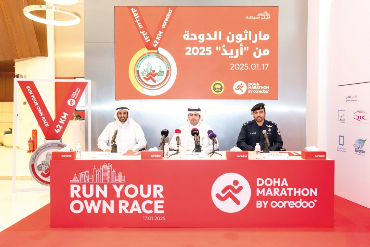 Doha Marathon by Ooredoo Vice Chairman Sabah Rabiah Al Kuwari, Qatar Athletics Federation President Mohammed Essa Al Fadala and Ministry of Interior Representative Major Fahad Bouhendi Al Harami during the press conference.   