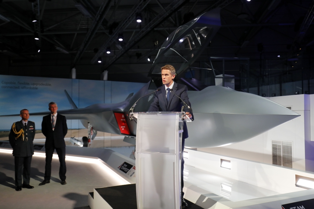 File photo used for demonstration purposes. Britain's Defence Secretary Gavin Williamson speaks during the unveiling of a model of a new fighter jet, a part of Team Tempest, at the Farnborough Airshow, south west of London, on July 16, 2018. AFP / Tolga Akmen.