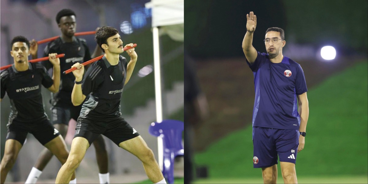 Qatar U-17 players (on the left) during a training session, and Qatar U-17 coach Ahmed Madouni (on the right) on October 22, 2024. 