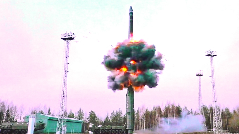 This grab from a handout footage released by the Russian Defence Ministry press service on October 29, 2024, shows the launch of a Yars intercontinental ballistic missile during drills of the strategic deterrence forces. (Photo by Handout / Russian Defence Ministry / AFP)