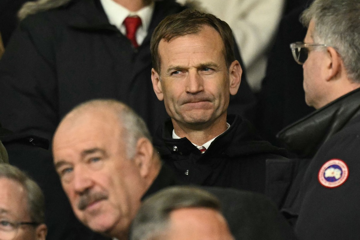 ( FILES) Manchester United's sporting director, Dan Ashworth (C) takes his seat for the UEFA Europa League, League Phase football match between Manchester United and Bodoe/Glimt at Old Trafford stadium in Manchester, north west England, on November 28, 2024. (Photo by Oli SCARFF / AFP)
