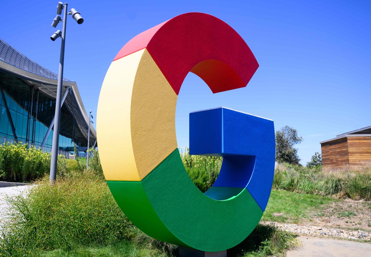 A giant Google logo is seen at Google's Bay View campus in Mountain View, California on August 13, 2024. Photo by Josh Edelson / AFP