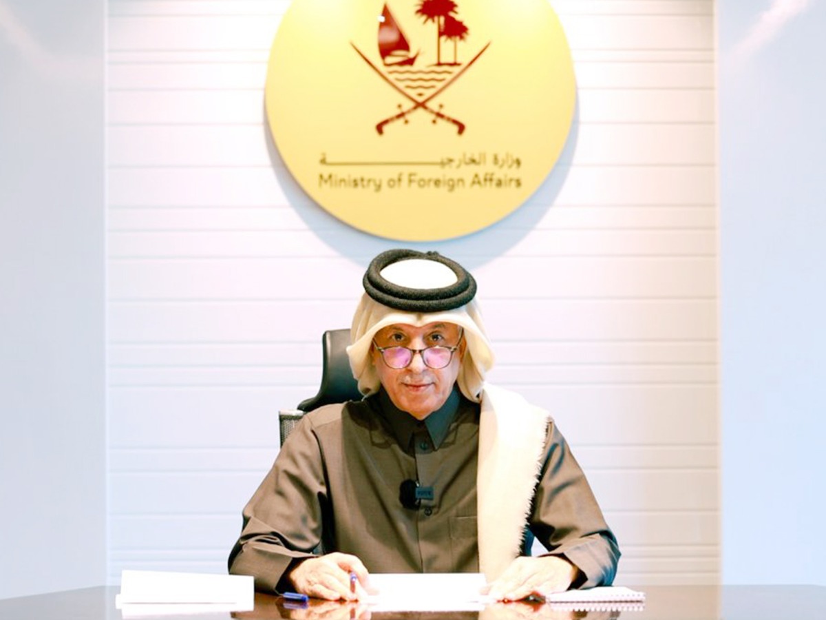 Minister of State for Foreign Affairs H E Sultan bin Saad Al Muraikhi taking part in the meeting via video conference.