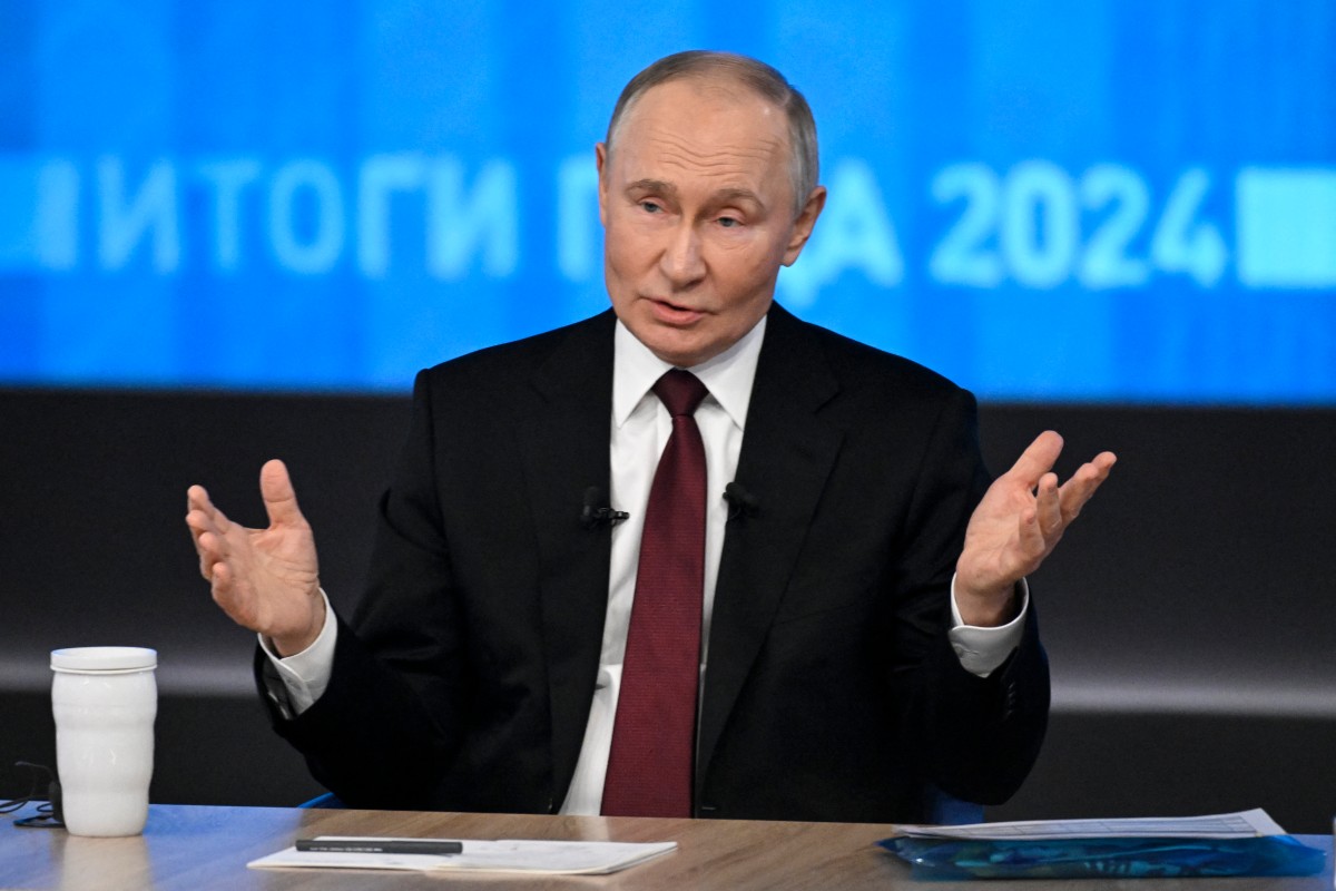 Russian President Vladimir Putin holds his annual end-of-year press conference in Moscow on December 19, 2024. Photo by Alexander NEMENOV / AFP.
