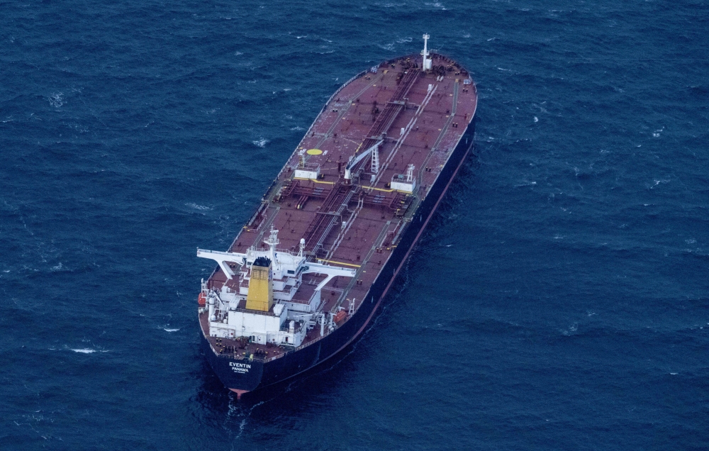 Aerial view taken on January 10, 2025, shows the tanker 'Eventin', flying the Panama flag, adrift at sea north of the German Baltic Sea island of Ruegen. (Photo by Stefan Sauer / DPA / AFP) 