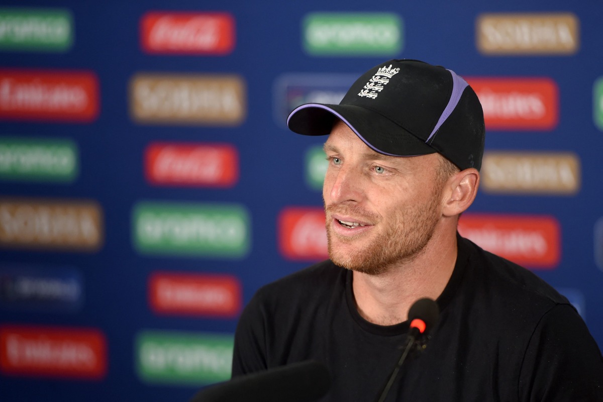 England's captain Jos Buttler addresses a presser at National Stadium in Karachi on February 28, 2025, on the eve of their ICC Champions Trophy one-day international (ODI) cricket match against South Africa. (Photo by Rizwan TABASSUM / AFP)
