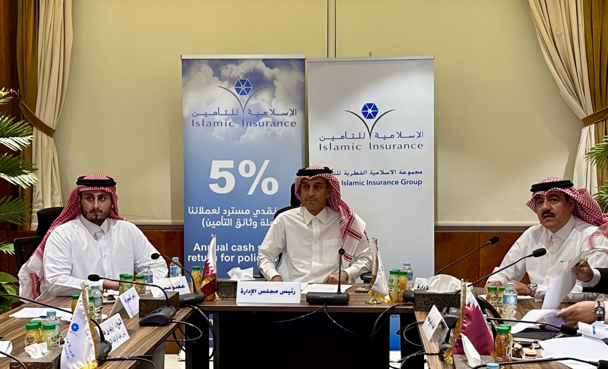 Chairman of the Board of Directors, Jamal Abdulla Ahmad Al Jamal, Member of the Board of Directors, Sheikh Turki bin Khalid Al Thani and President of the Group, Ali Ibrahim Al Abdulghani during the Annual General Assembly meeting, yesterday.
